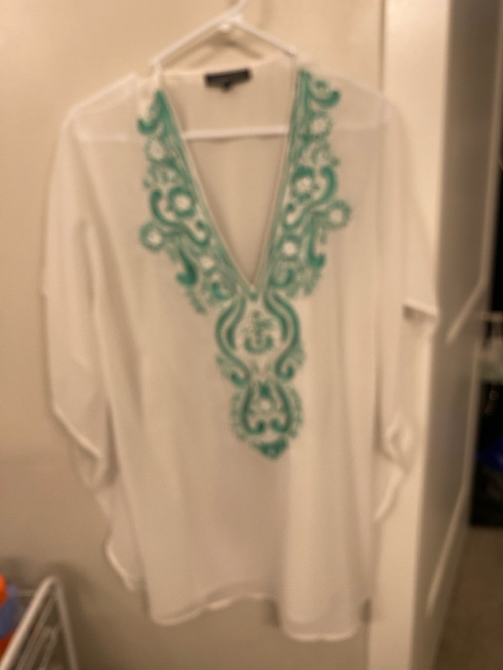 Embroidered V-Neck White Tunic Top with Teal Accent